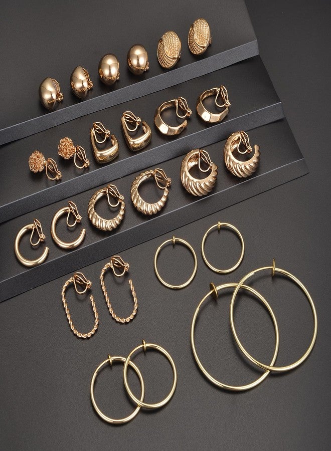 Tornito 15 Pairs Clip on Earrings 14K Gold Plated Chunky Flower Twist Knot Geometric Round Clip on Spring Hoops Earrings for Women Non-Pierced Fake Clip Earring Set Gold Tone - Image 3