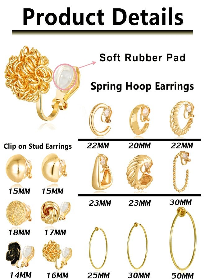 Tornito 15 Pairs Clip on Earrings 14K Gold Plated Chunky Flower Twist Knot Geometric Round Clip on Spring Hoops Earrings for Women Non-Pierced Fake Clip Earring Set Gold Tone - Image 2