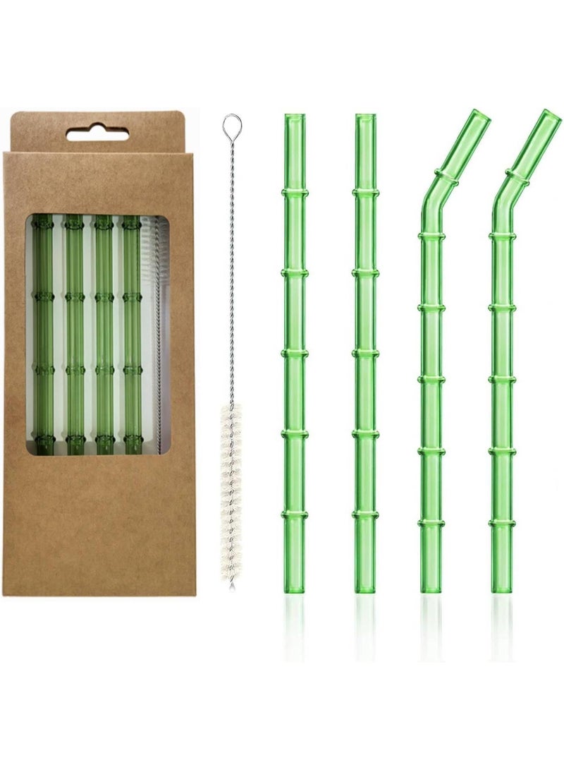 MOMENT MOMENT 4 Pcs Reusable Glass Straws, Green Bamboo Shape glass straws, Colorful Drinking Straws, Size 7.5" x 8MM, Clear Glass Straw and a Cleaning Brush, Perfect for Smoothies, Tea, Juice - Image 1