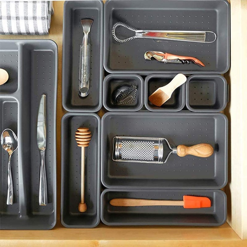 Honexa Plastic Set of 8 Dark Grey Interlocking Drawer Organizer for Cutlery Desk Storage Set Divider or Separator Trays for Household Kitchen Office - Image 4