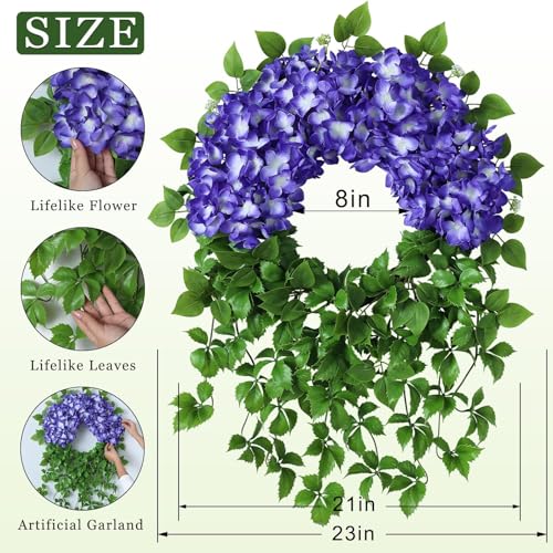 Juxdp Artificial Hydrangea Wreath for Front Door Outside - Fake Hydrangea Real Touch Ivy, Spring Summer Greenery Flowers Wreath, for Home Mantel Window Farmhouse Decor (23", Purple) - Image 5