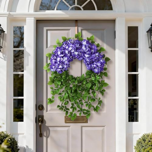 Juxdp Artificial Hydrangea Wreath for Front Door Outside - Fake Hydrangea Real Touch Ivy, Spring Summer Greenery Flowers Wreath, for Home Mantel Window Farmhouse Decor (23", Purple) - Image 2