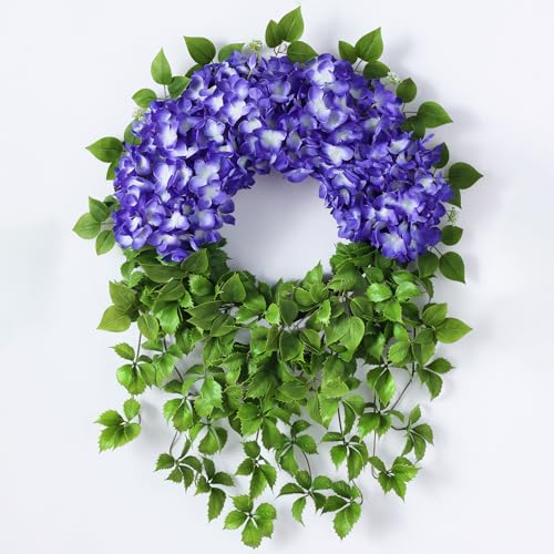 Juxdp Artificial Hydrangea Wreath for Front Door Outside - Fake Hydrangea Real Touch Ivy, Spring Summer Greenery Flowers Wreath, for Home Mantel Window Farmhouse Decor (23", Purple) - Image 1