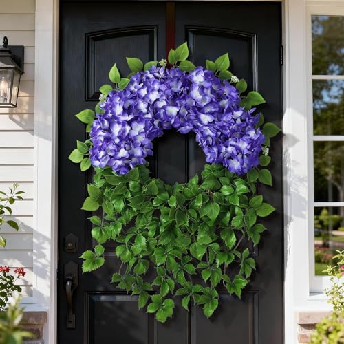 Juxdp Artificial Hydrangea Wreath for Front Door Outside - Fake Hydrangea Real Touch Ivy, Spring Summer Greenery Flowers Wreath, for Home Mantel Window Farmhouse Decor (23", Purple) - Image 3