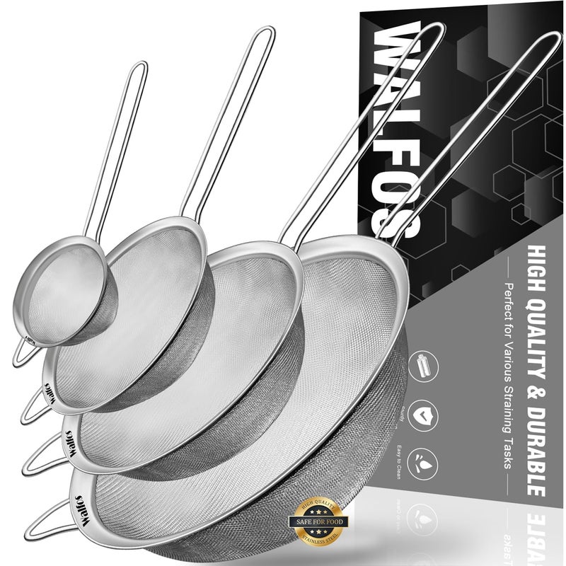 Walfos Fine Mesh Strainers Set Premium Stainless Steel Colanders and Sifters with Reinforced Frame and Sturdy Handle Perfect for Sift Strain Drain and Rinse Vegetables Pastas and Tea  4 Sizes