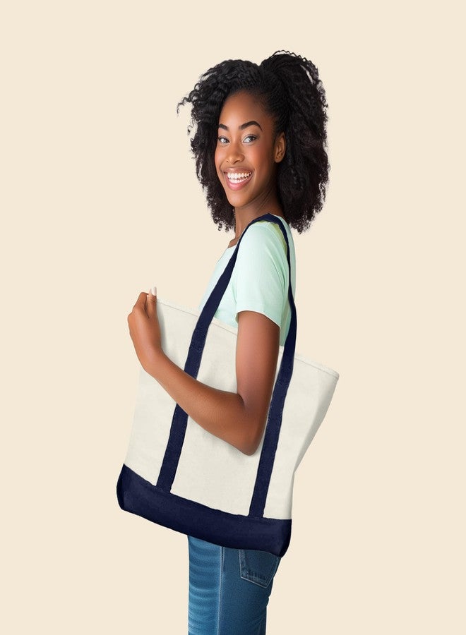 DALIX 22" Large Cotton Canvas Zippered Shopping Tote Grocery Bag in Navy Blue - Image 2