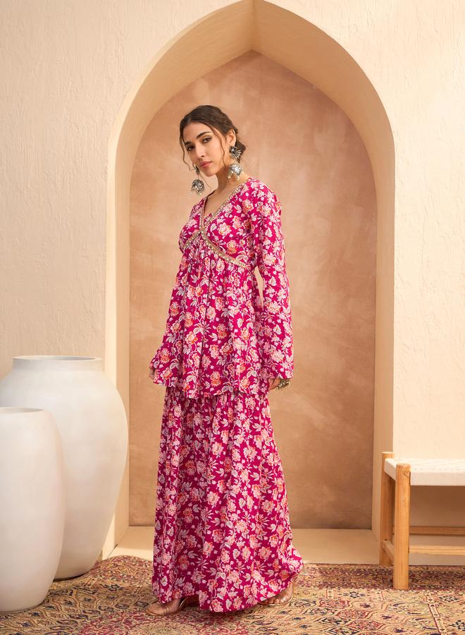 SASSAFRAS Red Floral Cambric Peplum Top with Sharara Pants Co-Ords - Image 4