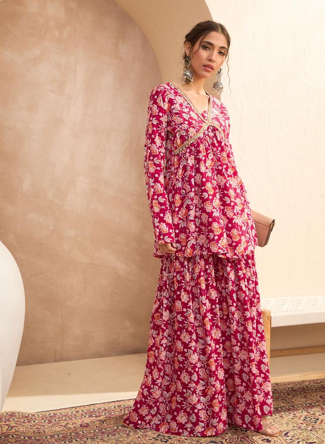 SASSAFRAS Red Floral Cambric Peplum Top with Sharara Pants Co-Ords - Image 2