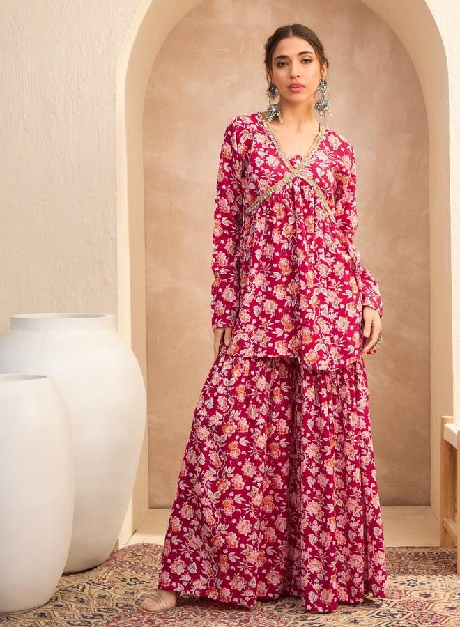 SASSAFRAS Red Floral Cambric Peplum Top with Sharara Pants Co-Ords - Image 1