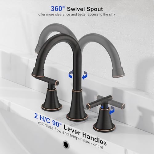 Hurran Bathroom Faucets for Sink 3 Hole, Hurran Oil Rubbed Bronze Bathroom Sink Faucet with Pop-up Drain and Supply Lines, Stainless Steel Lead-Free Widespread Faucet for Vanity RV, 2 Pack - Image 3