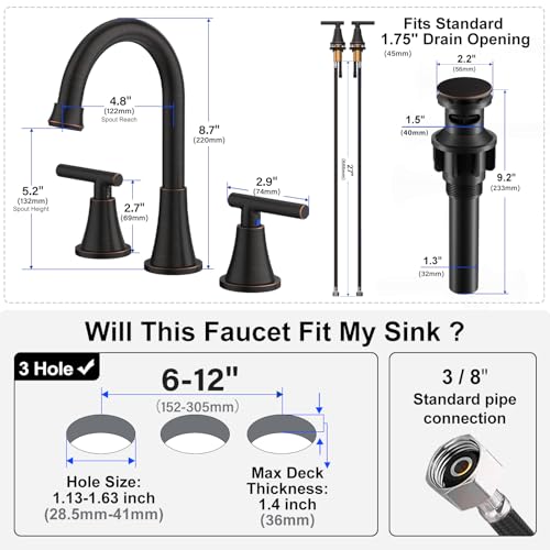 Hurran Bathroom Faucets for Sink 3 Hole, Hurran Oil Rubbed Bronze Bathroom Sink Faucet with Pop-up Drain and Supply Lines, Stainless Steel Lead-Free Widespread Faucet for Vanity RV, 2 Pack - Image 5