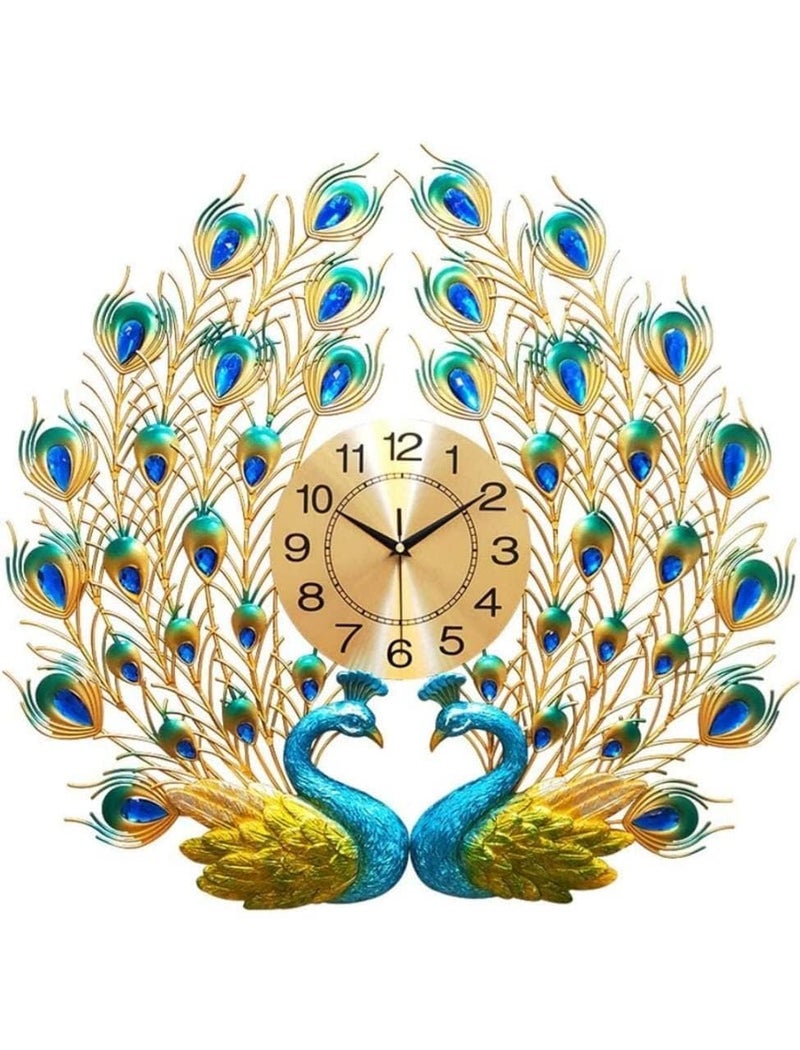 R RUNILEX European Style Luxury Large 2 Head Peacock Analog Clock 3D Diamonds Non-Ticking Silent Creative Personality Metal Art Wall Decorative Clock (2 Head Peacock Clock) - Image 1