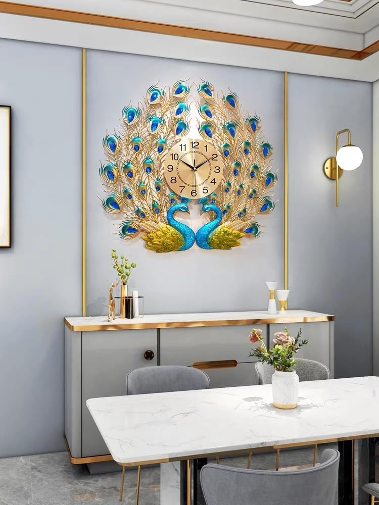 R RUNILEX European Style Luxury Large 2 Head Peacock Analog Clock 3D Diamonds Non-Ticking Silent Creative Personality Metal Art Wall Decorative Clock (2 Head Peacock Clock) - Image 5