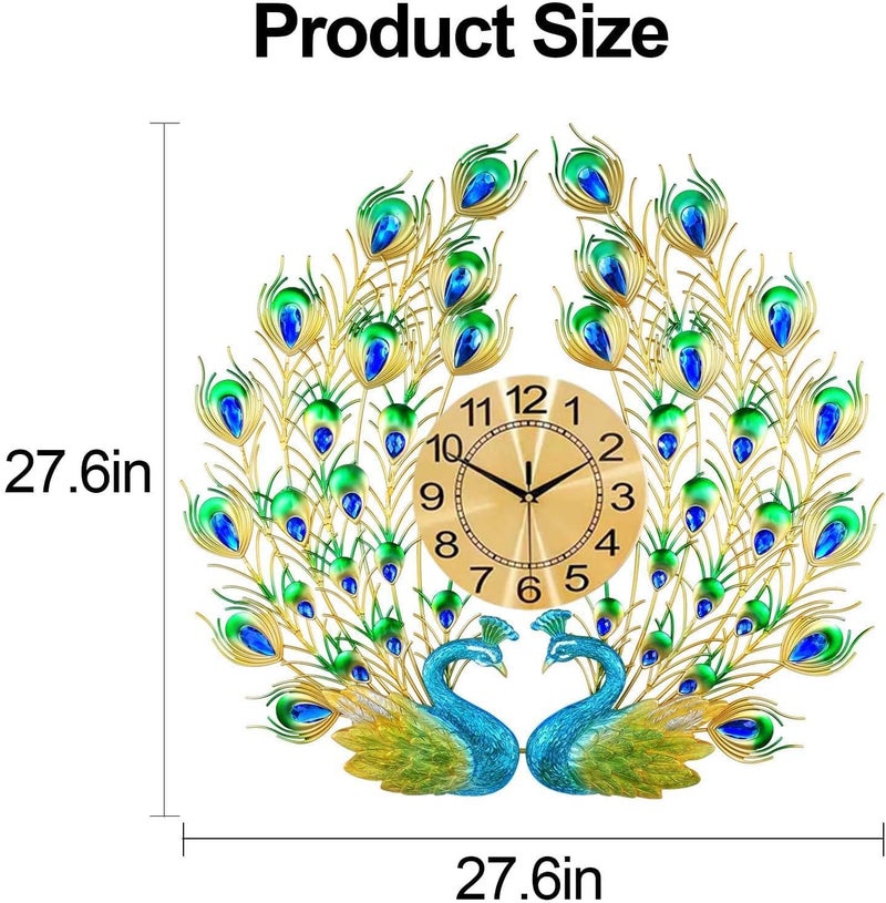 R RUNILEX European Style Luxury Large 2 Head Peacock Analog Clock 3D Diamonds Non-Ticking Silent Creative Personality Metal Art Wall Decorative Clock (2 Head Peacock Clock) - Image 2