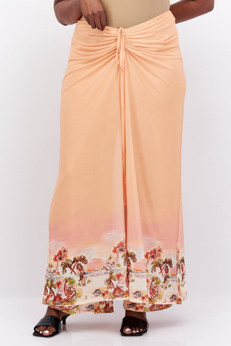 Royalty by Maluma Women Regular Fit Floral Print Wide Leg Pant, Pale Orange - Image 1