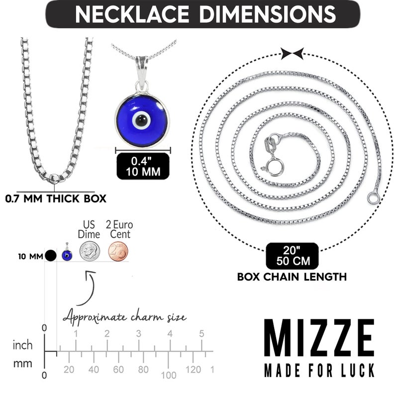 MIZZE Made for Luck تعويذة حماية العين الزرقاء من الزجاج على قلادة سلسلة صندوق فضية بطول 20 بوصة للرجال والنساء - مجوهرات العين الشريرة من الفضة الإسترلينية 925 - Image 3