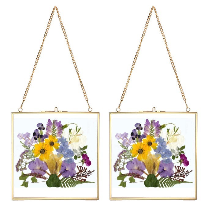 2 PACK WALL HANGING BRASS FRAME FOR PRESSED FLOWERS GLASS FLOATING FRAMES FOR DISPLAY DRIED FLOWERS ARTWORK DOUBLE GLASS FLOATING STYLE SQUARE GALLERY WALL FRAME FOR PLANTS PHOTO PICTURE POSTER ETC