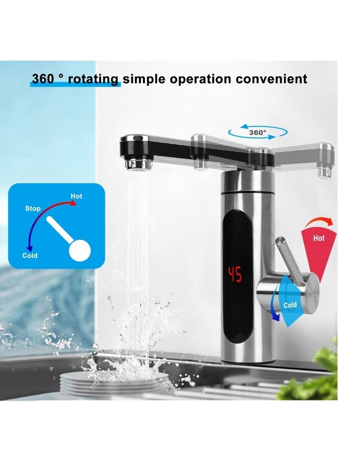 صنبور ماء ساخن كهربائي فوري بدون خزان مع شاشة عرض رقمية LED، صنبور دوار بزاوية 360° من الفولاذ المقاوم للصدأ لتوفير المياه الساخنة بسرعة للمطبخ والحمام - Image 3