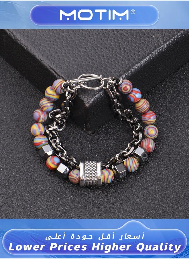 Motim - Double-layer Natural Stone & Stainless steel Bracelet for Men Women Handheld Accessories Unisex Beads Stretch Bracelets Set - Image 1