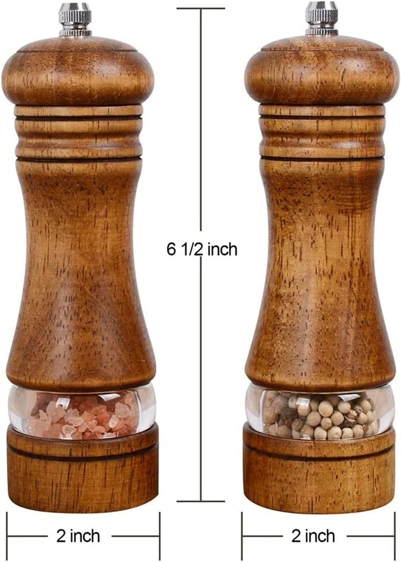 Wood Salt and Pepper Grinder Set - Classic Manual Mills with Adjustable Ceramic Grinding Rotor, 6.5 Inch, 2 Pack - Image 2