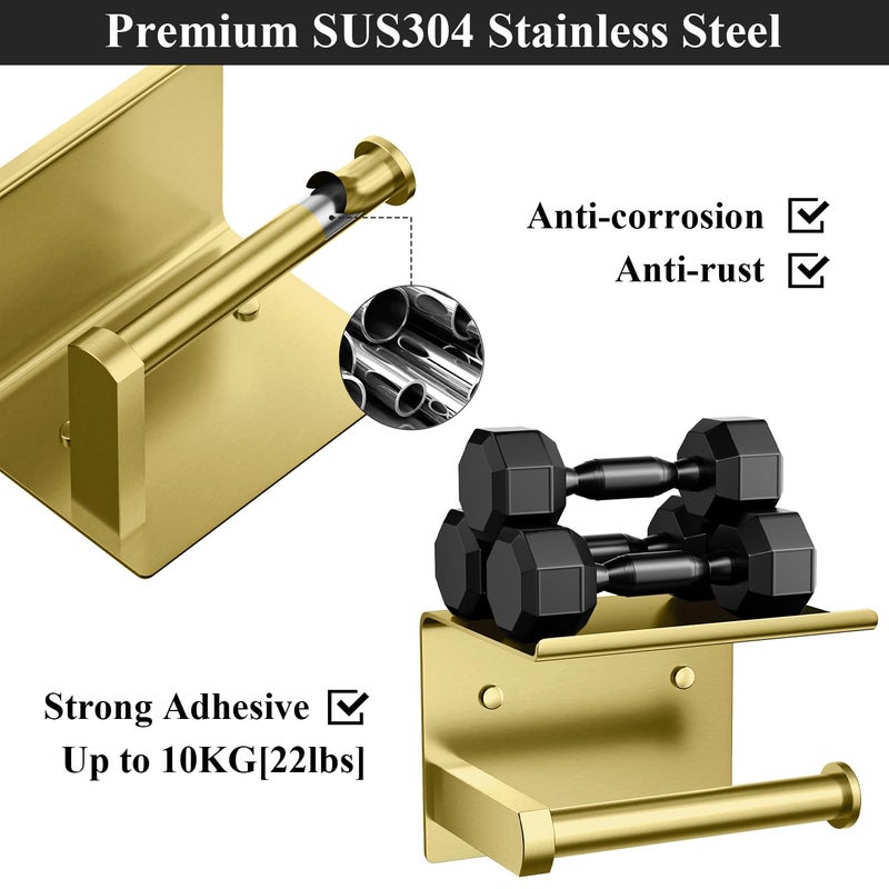 Tindbea Toilet Paper Holder with Phone Shelf  Adhesive or Screw Wall Mount Toilet Tissue Roll Holder  Rustproof & Multifunctional Stainless Steel Bathroom Storage Dispenser (Brushed Gold) - Image 5