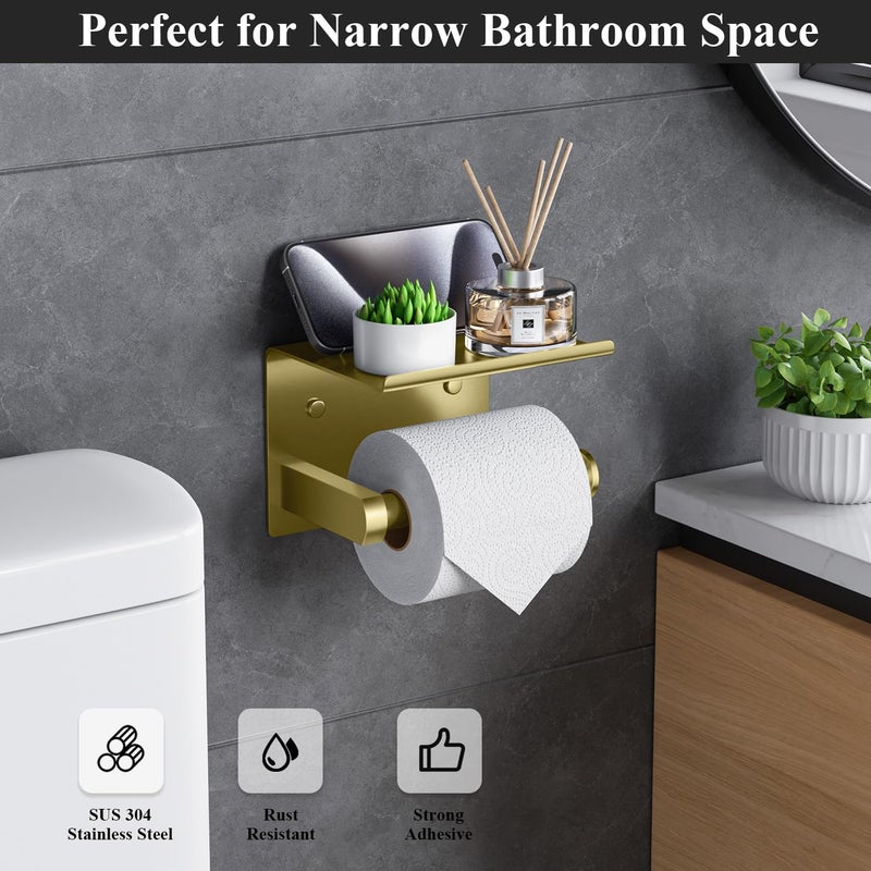 Tindbea Toilet Paper Holder with Phone Shelf  Adhesive or Screw Wall Mount Toilet Tissue Roll Holder  Rustproof & Multifunctional Stainless Steel Bathroom Storage Dispenser (Brushed Gold) - Image 3