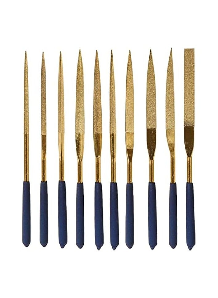PROMASS 10Pcs Titanium Diamond Metal File Set Fine Round Needle File Triangular Square Flat Riffler File Kit for Wood Stone Glass Jewelry Jewelers Carving Sanding Polishing DIY Tools - 5x180mm - Image 1