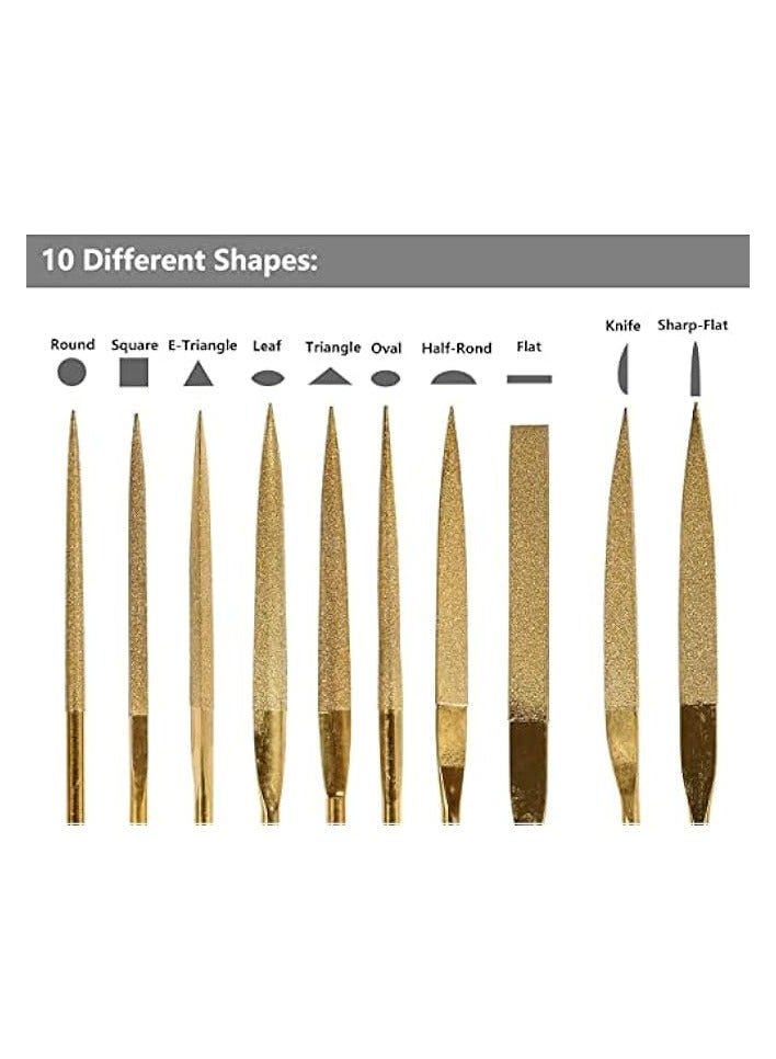 PROMASS 10Pcs Titanium Diamond Metal File Set Fine Round Needle File Triangular Square Flat Riffler File Kit for Wood Stone Glass Jewelry Jewelers Carving Sanding Polishing DIY Tools - 5x180mm - Image 4