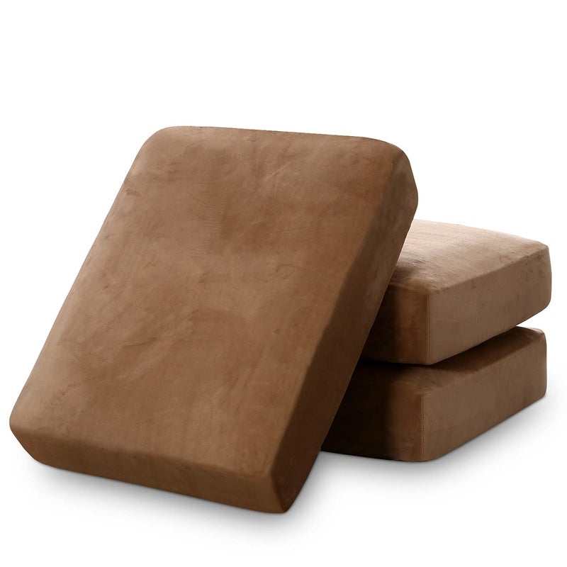PrinceDeco Super Soft Couch Cushion Covers for Sectional Couch Velvet Sofa Slipcover for Cushion Sofa pet Friendly with Elastic BottomEach Width Up to 295 Camel