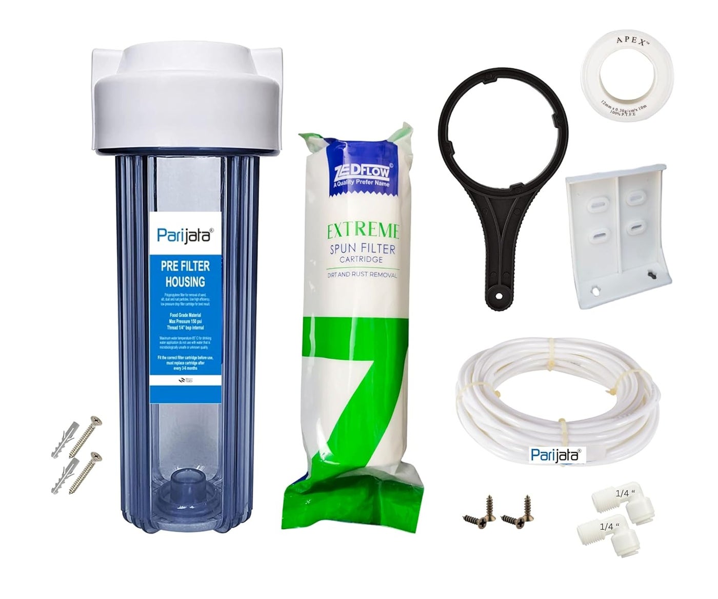 Parijata 10 inch Heavy Quality Transparent PreFilter Housing with Spun PP Filter Clamp Elbow Connector 14 inch for ro Water Purifier 5 Micron Sediment Filter Spun Filter 160 Grams