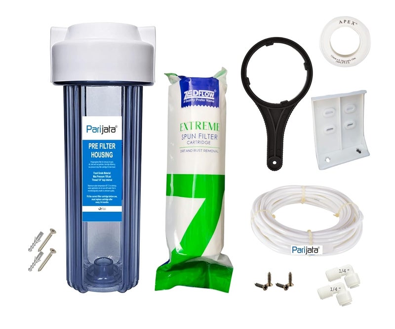 Parijata 10 inch Heavy Quality Transparent PreFilter Housing with Spun PP Filter Clamp Elbow Connector 14 inch for ro Water Purifier 5 Micron Sediment Filter Spun Filter 160 Grams - Image 1