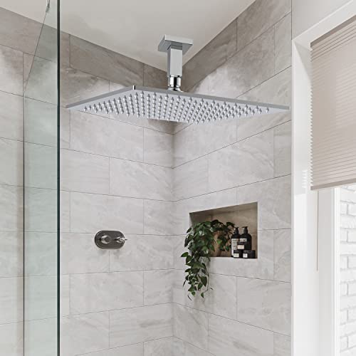 Aquaiaw Square Shower Arm and Anti-Scratch O-Ring Flange, 3 inch, Solid Brass, Both Soldered 1/2 NPT Tapered Threads, Straight Rainfall Shower Head Arm Extension, Ceiling Mount (Polished Chrome) - Image 2