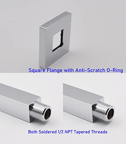 Aquaiaw Square Shower Arm and Anti-Scratch O-Ring Flange, 3 inch, Solid Brass, Both Soldered 1/2 NPT Tapered Threads, Straight Rainfall Shower Head Arm Extension, Ceiling Mount (Polished Chrome) - Image 3
