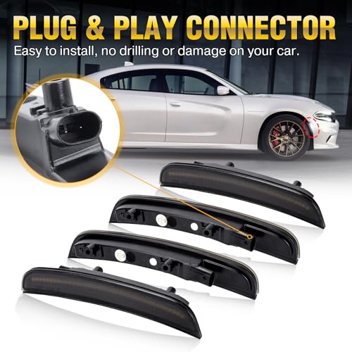 OPP ULITE Side Marker Lights for Dodge Charger LD 2015-2023 Front Rear Bumper, 130pcs Led Chip Smoked Lens Plug & Play White Parking Lamp, 4PCS Front & Rear LED Fender Side Light - Image 4