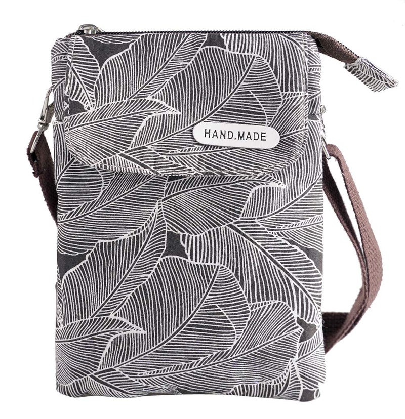 MEISEE Roomy Cell Phone Purse Wallet Canvas Small Crossbody Purse Bags with Shoulder Strap For Women teen girlsl (Brown shoulder strap zipper black leaf pattern) - Image 1