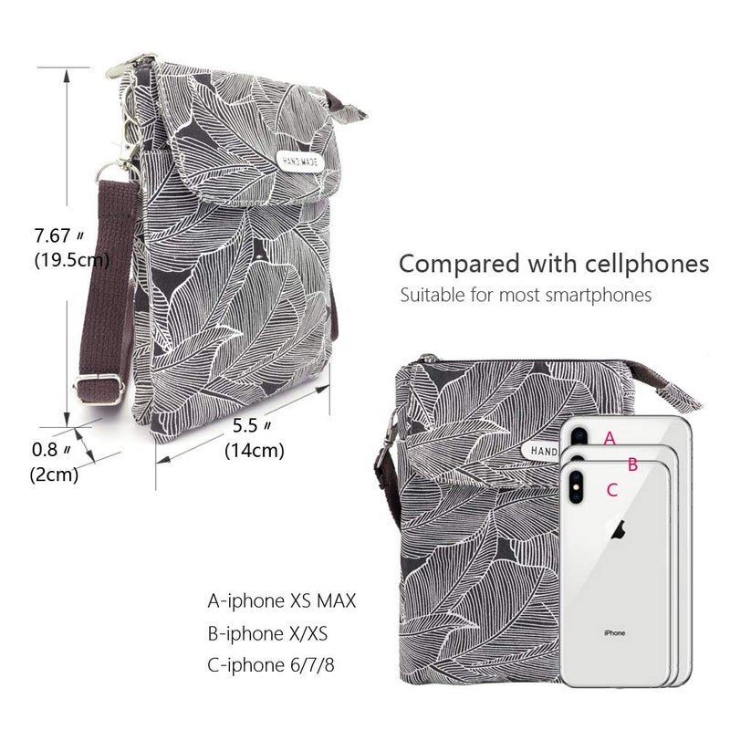 MEISEE Roomy Cell Phone Purse Wallet Canvas Small Crossbody Purse Bags with Shoulder Strap For Women teen girlsl (Brown shoulder strap zipper black leaf pattern) - Image 4