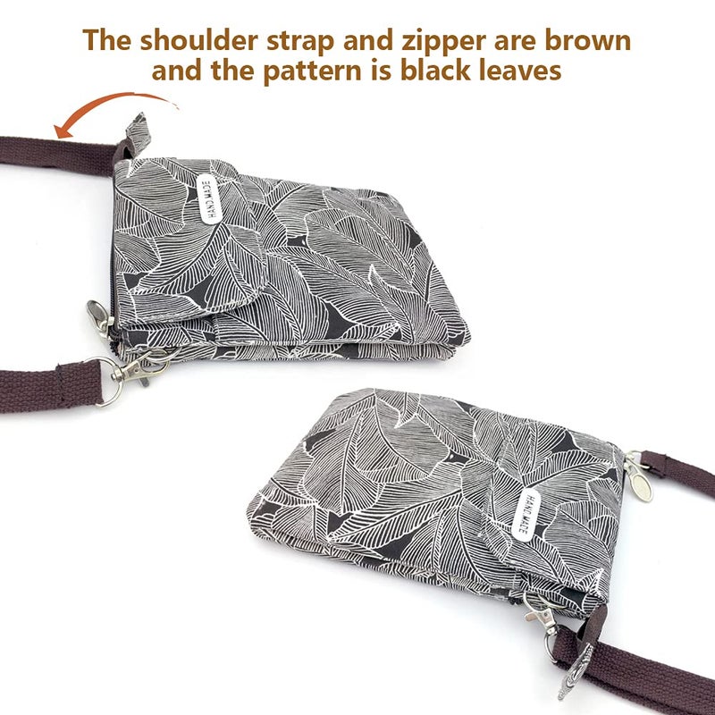 MEISEE Roomy Cell Phone Purse Wallet Canvas Small Crossbody Purse Bags with Shoulder Strap For Women teen girlsl (Brown shoulder strap zipper black leaf pattern) - Image 3