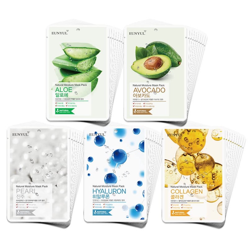 EUNYUL PACK OF 50 Natural Sheet Mask Pack 5 types x 10 setAloe Collagen Pearl Hyaluron Avocado
