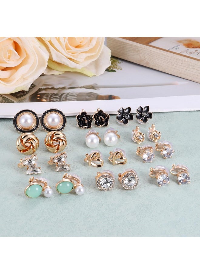 Thunaraz 12 Pairs Comfortable Clip On Earrings For Women Sparklrd Crystal Clip Earrings Cz Cute Butterfly Flower Pearl Clip On Stud Earrings Non Piercing Jewelry Gold  - Image 4