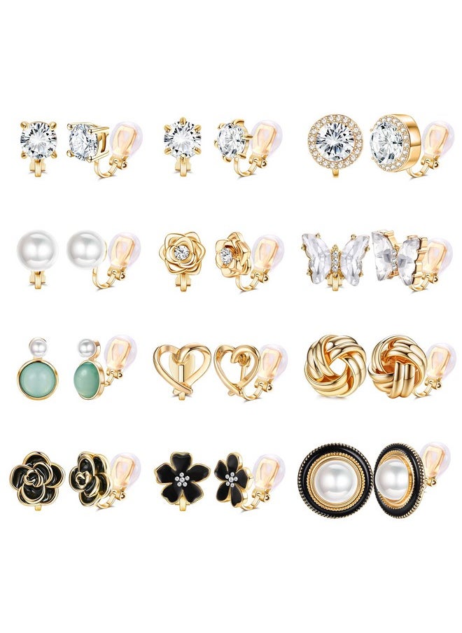 Thunaraz 12 Pairs Comfortable Clip On Earrings For Women Sparklrd Crystal Clip Earrings Cz Cute Butterfly Flower Pearl Clip On Stud Earrings Non Piercing Jewelry Gold  - Image 1