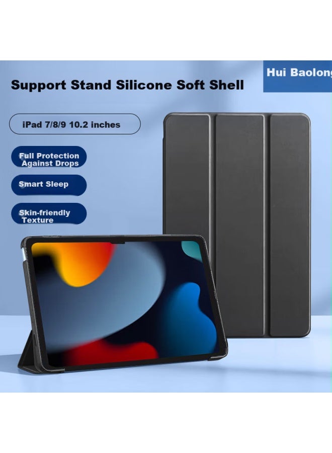 Hboalg Hui Bao Long Ipad 7/8/9 Case, 10.2-inch Ipad Protective Cover, Slim Full Protection Shockproof Tri-fold Stable Support Silicone Soft Case, Black - Image 1