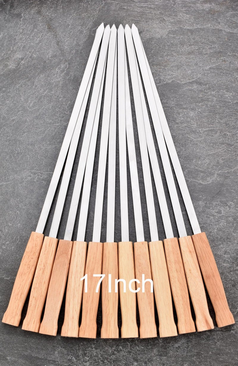 HONSHEN 17Inch Long Flat BBQ Skewers HONSHEN Brazilianstyle Stainless Steel 38 Inch Wide Blade with hardwood Handle barbecue skewers for Grilling MeatChickenShrimpVegetablesSet of 12