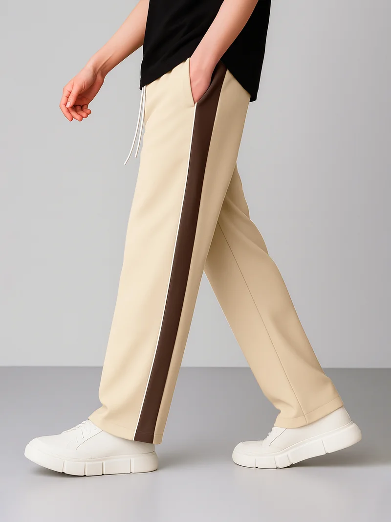 مانياك بنطلون رياضي رجالي واسع بخصر مطاطي وخطوط جانبية بلون البسكويت والبني