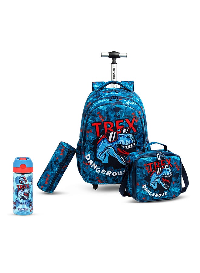Eazy Kids Set Of 4 18 Inch Trolley School Bag, Tritan 420Ml Water Bottle, Lunch Bag And Pencil Case - Trex Dinosaur - Blue  - Image 1