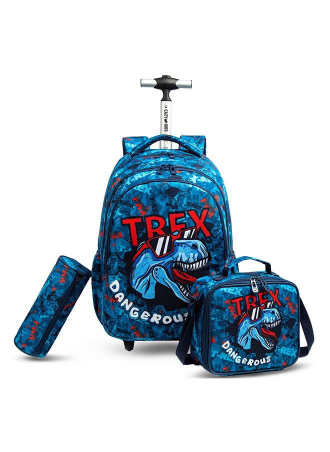 Eazy Kids Set Of 4 18 Inch Trolley School Bag, Tritan 420Ml Water Bottle, Lunch Bag And Pencil Case - Trex Dinosaur - Blue  - Image 2
