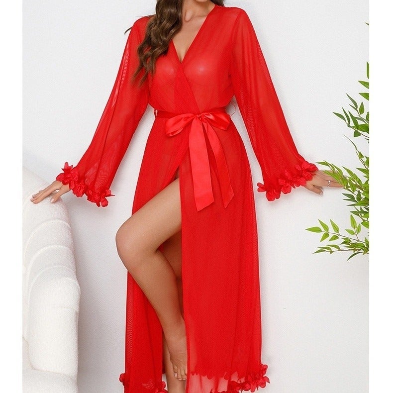 CME Women's Summer Sheer Mesh Long Robe with Petal Patchwork Solid Color Loungewear White Red - Image 1