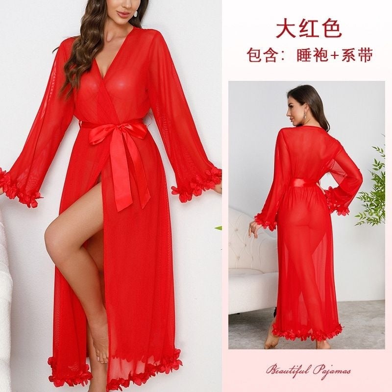 CME Women's Summer Sheer Mesh Long Robe with Petal Patchwork Solid Color Loungewear White Red - Image 2