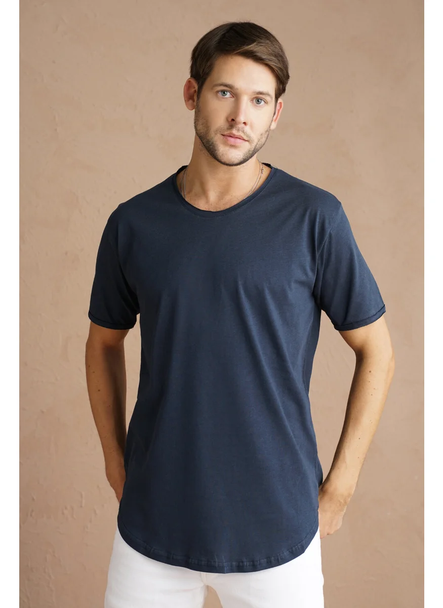 Cool Tarz Cool Style Navy Blue Men's Oval Cut Slim Fit Sloppy Collar Casual T-Shirt