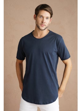 Cool Tarz Cool Style Navy Blue Men's Oval Cut Slim Fit Sloppy Collar Casual T-Shirt  - Image 1