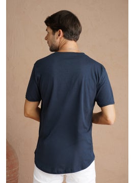 Cool Tarz Cool Style Navy Blue Men's Oval Cut Slim Fit Sloppy Collar Casual T-Shirt  - Image 3